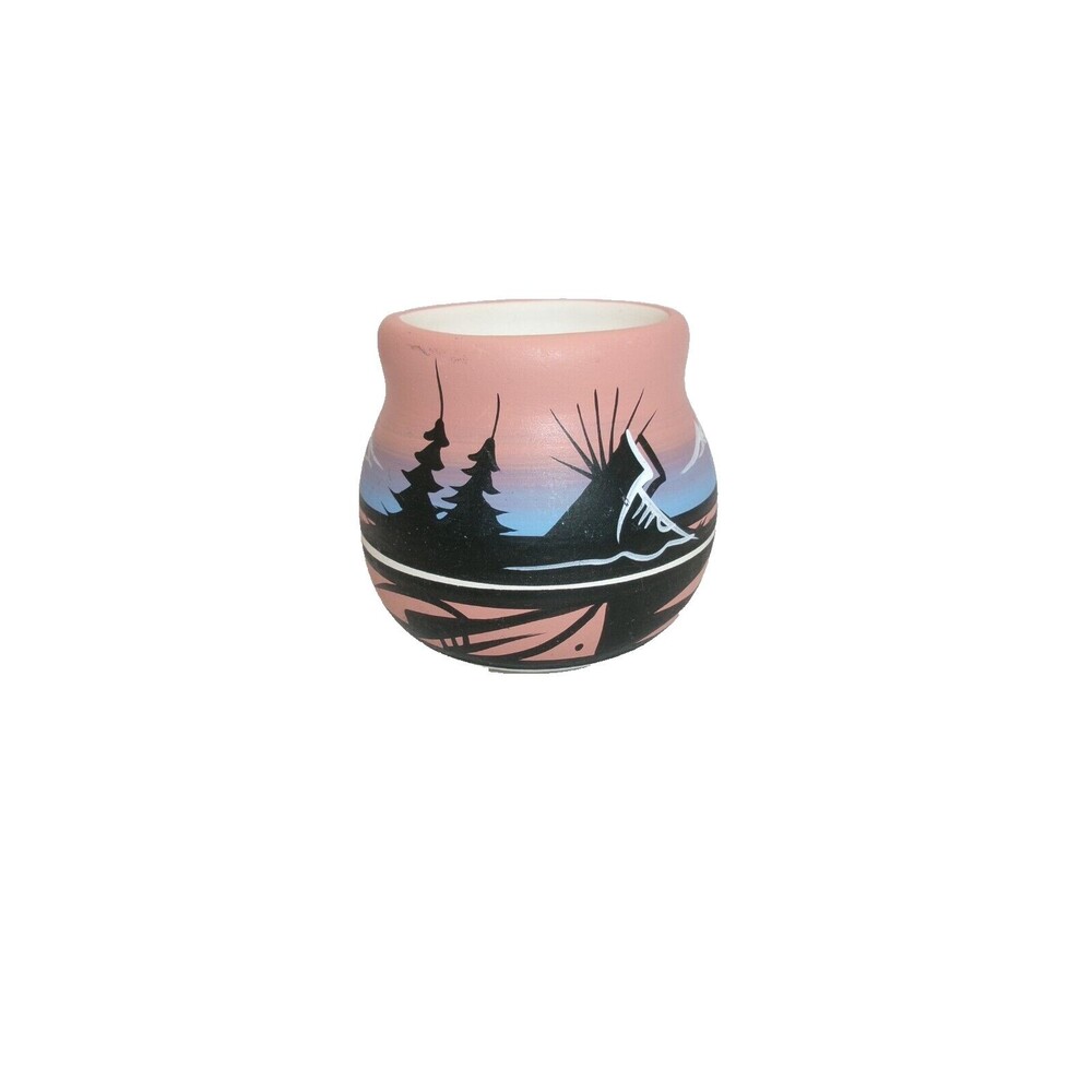 Mini Native American Pottery Signed Landscape Cedar Mesa Signature 2.5 inTall